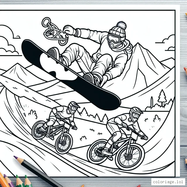 Dessine un snowboardeur professionnel effectuant une incroyable figure en demi-lune et des VTTistes dans une compétition de descente sur une piste montagneuse.