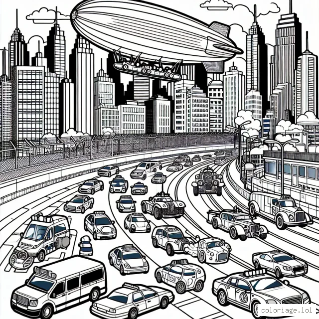 Un paysage urbain bondé de modèles de voitures diverses et variées. Il y a une piste de course au milieu animée par des voitures de course de tailles différentes et de couleurs variées. Des voitures de police, des taxis, des camions de pompiers et des bus à double étage sont également sur la scène. Un zeppelin flotte au-dessus de cet univers.