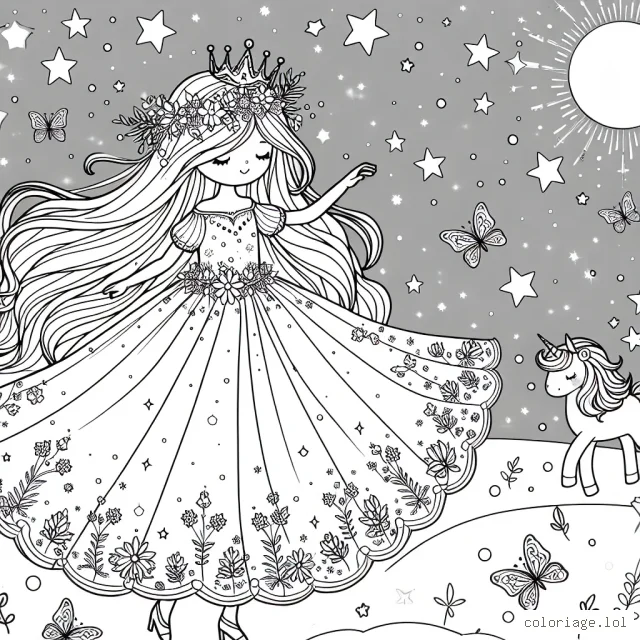 Sur cette page de coloriage, tu découvriras une princesse farfelue aux longs cheveux blonds, avec sa couronne de fleurs et sa robe recouverte de papillons. Elle danse sur un champ d'étoiles, entourée de sa horde de licornes lumineuses dans un monde féerique.