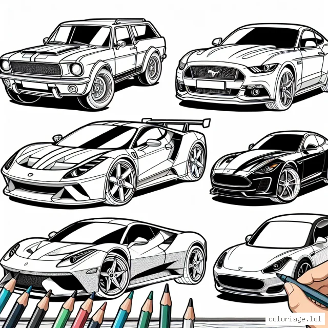 Le parc automobile s'est élargi avec une variété de voitures de différentes marques. Cette page de coloriage représente plusieurs d'entre elles dont certaines des plus célèbres : la robuste Ford Mustang, l'élégante Jaguar F-Type, la puissante Ferrari 488 et l'innovante Tesla Model S. Il est temps pour toi de donner de la couleur à ces voitures de rêve !