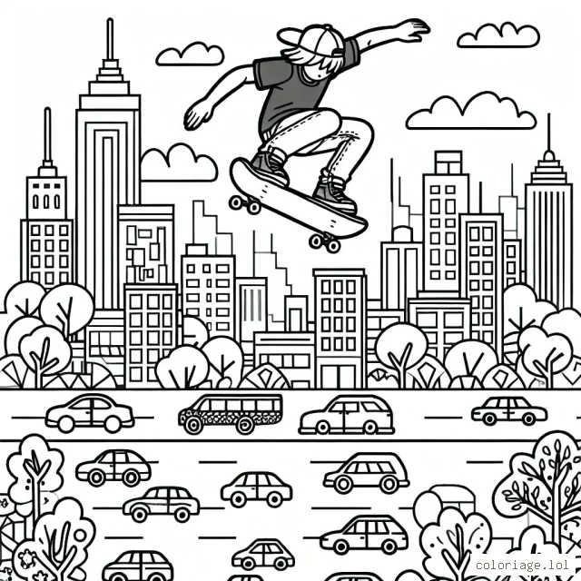 Un skateboarder exécutant un saut extrême au-dessus d'une ville animée