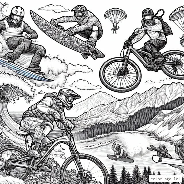 Imagine un dessin détaillé mettant en scène des sportifs en pleine action dans différents sports extrêmes, tels que le surf de gros, le VTT de descente, le saut en base jump et le snowboard freeride. Chaque sportif porte un équipement de sécurité complet typical à son sport et se trouve dans un environnement naturel unique. Il y a une grande variété de couleurs à remplir : l'océan bleu vif pour le surfeur, la montagne rocheuse pour le cycliste, le ciel serein pour le base jumper et les montagnes enneigées pour le snowboard freeride.