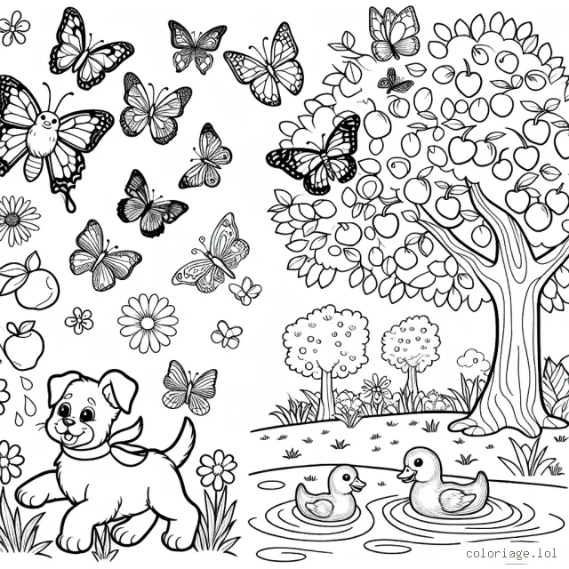 Imagine un grand jardin plein de papillons multicolores flottant dans l'air, un chiot joueur courant après une balle, un chaton curieux grimpant sur un arbre fruitier plein d'oiseaux et un lac avec des canards et des poissons colorés.