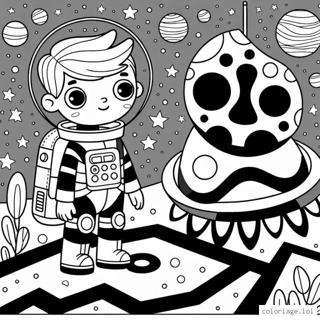 Un courageux astronaute avec son vaisseau spatial survole une mystérieuse planète extraterrestre remplie de formes géométriques colorées.