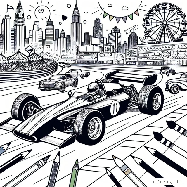 Dessine une voiture de course élégante zippant sur une piste accompagnée de voitures de style vintage dans un paysage urbain animé.