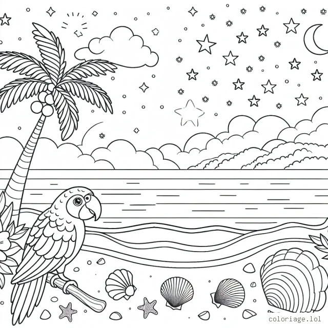 Imaginez un paysage de plage tropical avec des palmiers, un perroquet coloré, des coquillages et une mer étoilée.