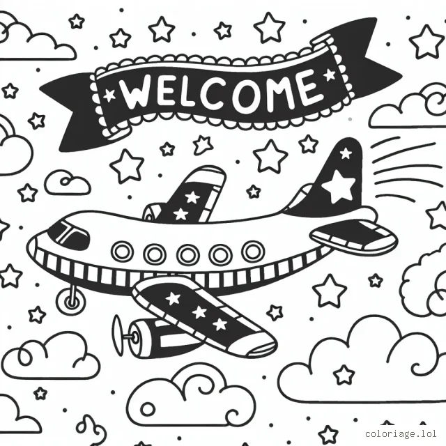 Dessinez un avion qui vole à travers les nuages avec une banderole de bienvenue dans le ciel. L'avion doit avoir une silhouette classique mais vous pouvez ajouter des détails comme des étoiles, des rayures ou des motifs amusants. N'oubliez pas d'ajouter de la couleur à votre œuvre !