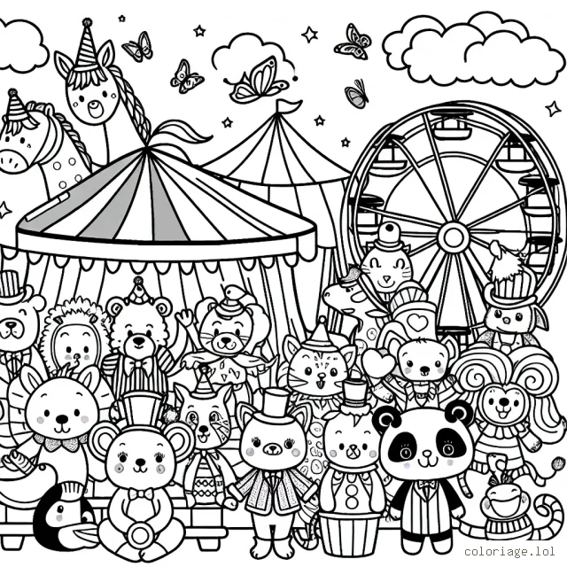 Un parc d'attractions rempli d'animaux drôles portant des costumes colorés et jouant à des jeux de fête foraine.