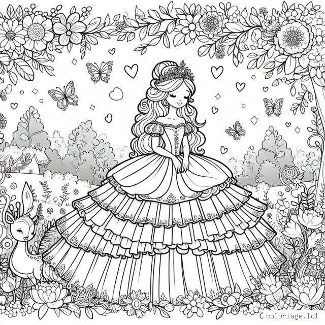 Imaginer une princesse avec une belle robe à volants dans un jardin enchanté peuplé d'animaux magiques et de fleurs aux couleurs vives