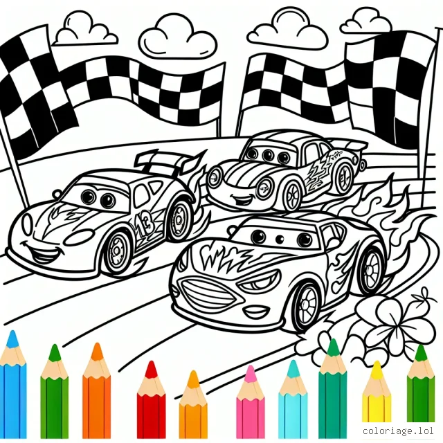 Imaginons une course folle de voitures colorées. Il y a une voiture rouge avec des flammes jaunes, une voiture bleue avec des éclairs blancs, et une voiture verte avec des rayures noires. Toutes trois s'affrontent sur une piste de course remplie de drapeaux aux couleurs vives flottant au vent. Dessine cette scène palpitante et colorée à ta façon!