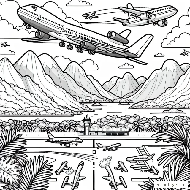 Un avion de ligne survole une jungle tropicale, tandis qu'un autre plus petit réalise des figures acrobatiques au-dessus des montagnes. En dessous, un aéroport bien animé est en pleine effervescence avec des avions prêts à décoller.