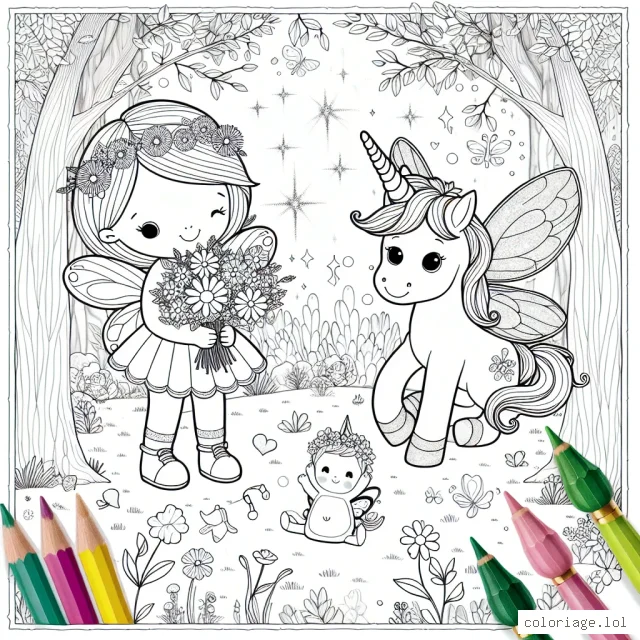 Dans une forêt enchantée, une petite fée se prépare à célébrer le printemps. À côté d'elle, sa fidèle amie la licorne est en train de faire un bouquet de fleurs étincelantes. De joyeux petits animaux de la forêt se joignent à la célébration. Dessine et ajoute de la couleur à cette fête printanière !