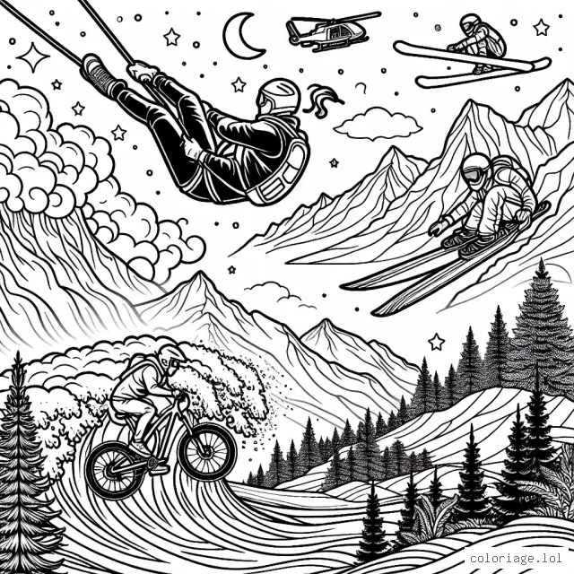 Imaginez un aventurier en plein saut à l'élastique depuis une haute falaise, un skieur dévalant une pente enneigée à toute vitesse, un surfeur sur une énorme vague et un cycliste sur une piste de vélo de montagne rocheuse. Tous ces sportifs extrêmes sont en action dans un panorama naturel magnifique : montagnes, mers, forêts et ciel étoilé.