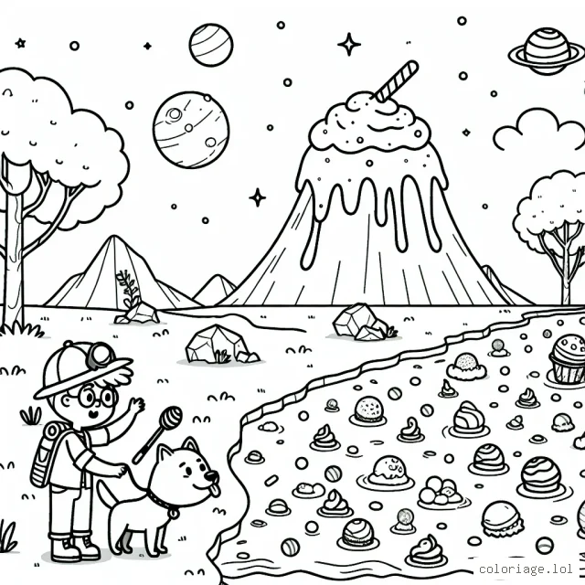 Un petit garçon et son chien explorateur marchent sur une planète extra-terrestre, ils aperçoivent une montagne en forme de crème glacée et des rivières de soda. Il y a même des arbres qui poussent des bonbons!
