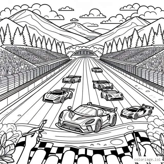 Imaginons une scène animée d'une course de voitures sur le fameux circuit de Magny-Cours. Des voitures de sport, une foule dynamique et un paysage saisissant constituent la vedette sur cette page de coloriage.