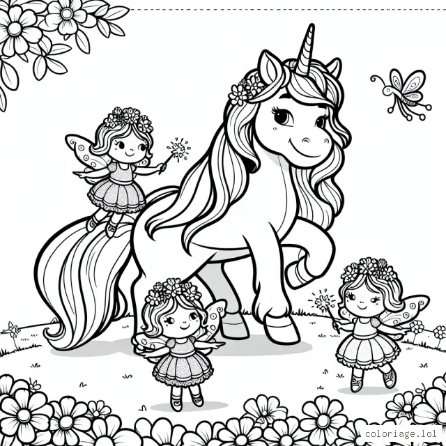 Dans un vaste champ fleuri, une licorne joue avec ses amies les fées. Chaque fée porte une jolie robe de couleur différente et porte une baguette magique. La licorne, quant à elle, a une crinière luxuriante et une corne brillante.