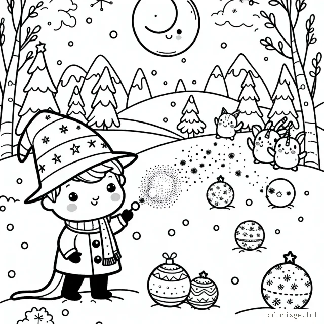 Un petit sorcier lance des boules de neige enchantées à ses amis magiques dans un paysage hivernal enchanté.