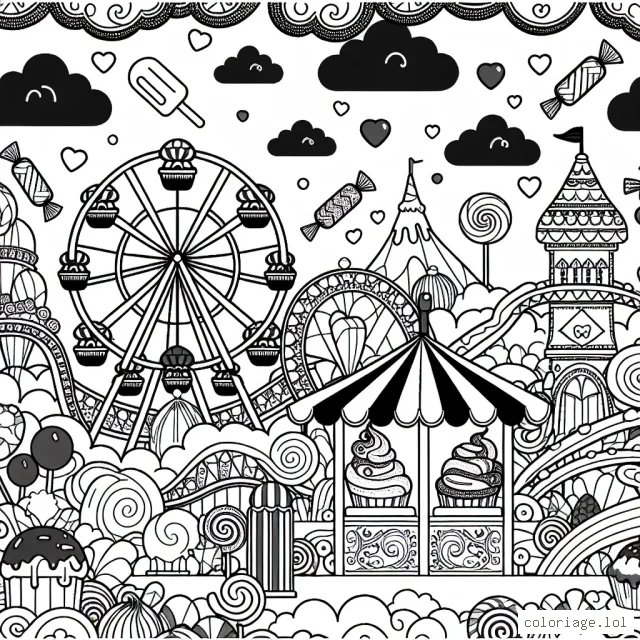 Un parc d'attractions magique avec des montagnes russes en bonbon, une grande roue en sucette et des kiosques de crème glacée aux chocolats volants.