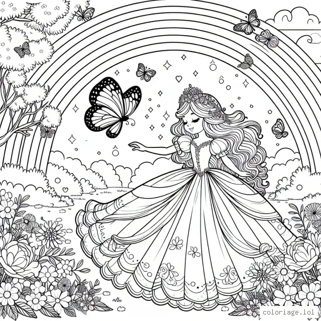 Une princesse en robe élégante danse avec un papillon magique dans un jardin fleuri sous un arc-en-ciel brillant