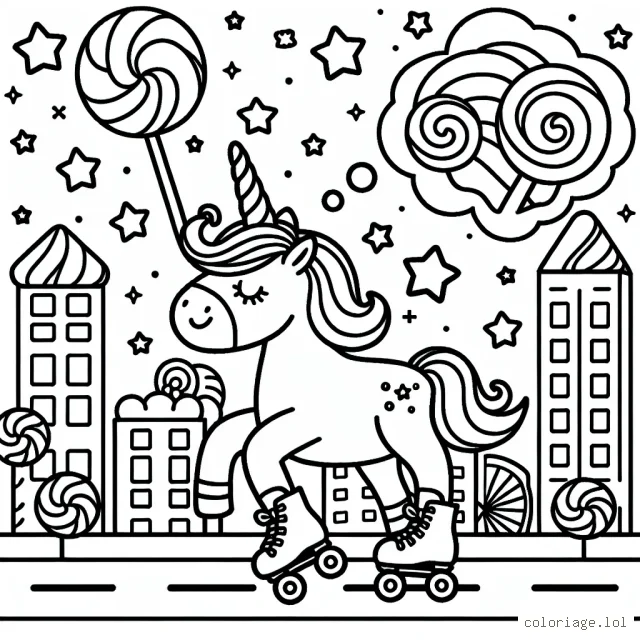 Une licorne à rêves étoilés fait du roller dans une ville de bonbons