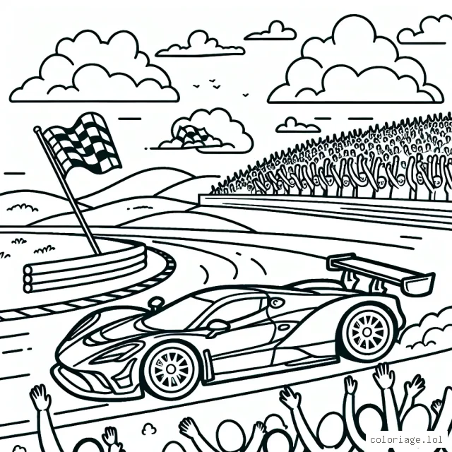 Dessine une voiture de sport roulant à grande vitesse sur une piste de course, avec des foules excitées en arrière-plan qui l'encouragent. N'oublie pas de colorer le ciel, les nuages, le paysage environnant et bien sûr, la voiture flashy et rapide!