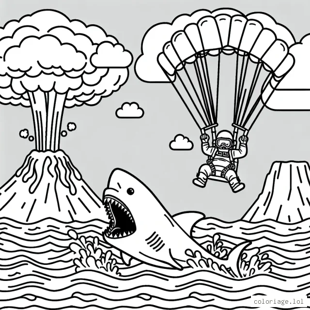 Imagine un parachutiste chevauchant un requin en pleine mer tout en sautant d'une falaise, avec une éruption volcanique à l'arrière-plan.