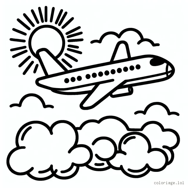 Dessine un avion de ligne survolant les nuages ​​avec le soleil en arrière-plan.