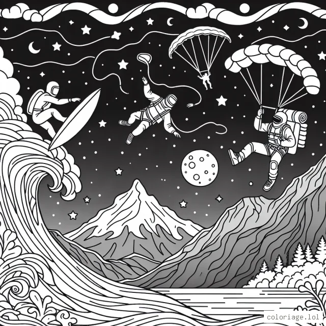 Imagine un athlète faisant du surf sur une grande vague, un autre faisant de l'escalade sur une montagne escarpée et un parachutiste volant dans le ciel étoilé. Donne vie à la scène nocturne intense en couleur et en excitation.