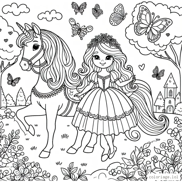 Belle princesse promène son cheval dans un jardin féerique avec des papillons colorés et des oiseaux chanteurs
