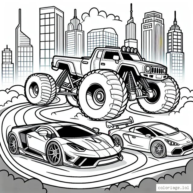 Dessinez une course épique entre des voitures de sport flamboyantes, une jeep tout-terrain puissante et un camion monstre imposant, tous courant sur une piste sinueuse avec des bâtiments de la ville en arrière-plan.