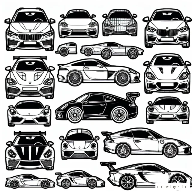 Un ensemble de pages à colorier présentant des voitures de différentes marques, y compris BMW, Audi, Porsche, Mercedes et Ferrari.