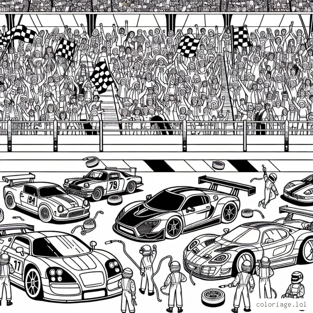 Dessine une scène d'une course de voitures détaillée avec de nombreux types de voitures, des voitures de sport, des voitures anciennes, des voitures électriques et des voitures modernes. Ajoute des détails dans le décor comme des gradins avec des supporters, des stands de ravitaillement et un circuit sinueux.