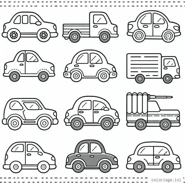 Une variété de voitures par marque sont dessinées dans un style simple, parfait pour les petits à colorier.