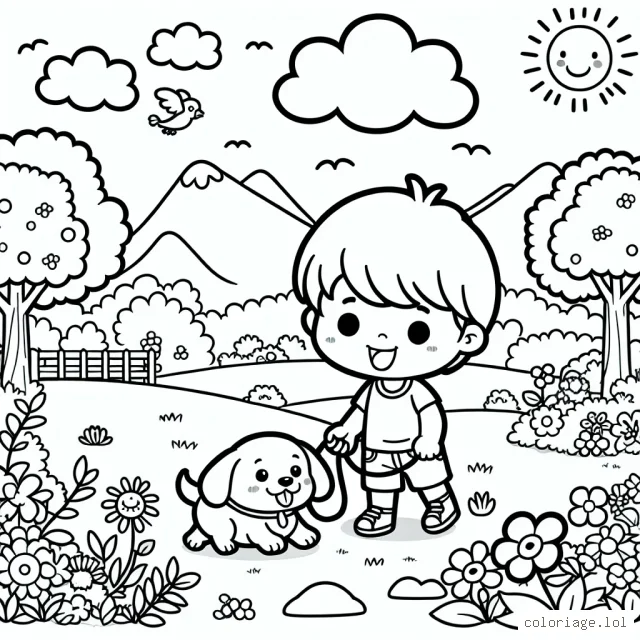 Un adorable petit garçon joue avec un chiot dans un parc ensoleillé. Le parc est rempli d'arbres, de fleurs et d'oiseaux qui chantent. En arrière-plan, on peut voir des montagnes lointaines et un ciel bleu clair parsemé de nuages.