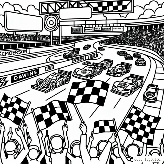 Dessine une scène animée de voitures de course sur une piste avec un public enthousiaste. N'oublie pas d'ajouter des détails comme les panneaux d'affichage, les marques des sponsors et les lignes de départ et d'arrivée.