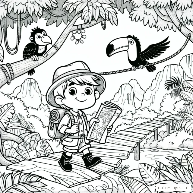 Un petit garçon explorateur navigue à travers la forêt tropicale dense, sa carte à la main, il est flanqué de ses fidèles amis animaux - un courageux singe et un toucan curieux. Des escalades d'arbres audacieuses, des ponts de lianes branlants et des trésors cachés n'attendent que d'être colorés.