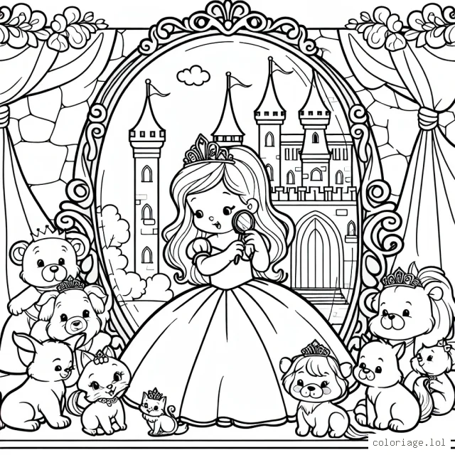 Une petite princesse se prépare pour le Grand Bal au château, elle est entourée de sa ménagerie d'animaux qui l'aident à se préparer.