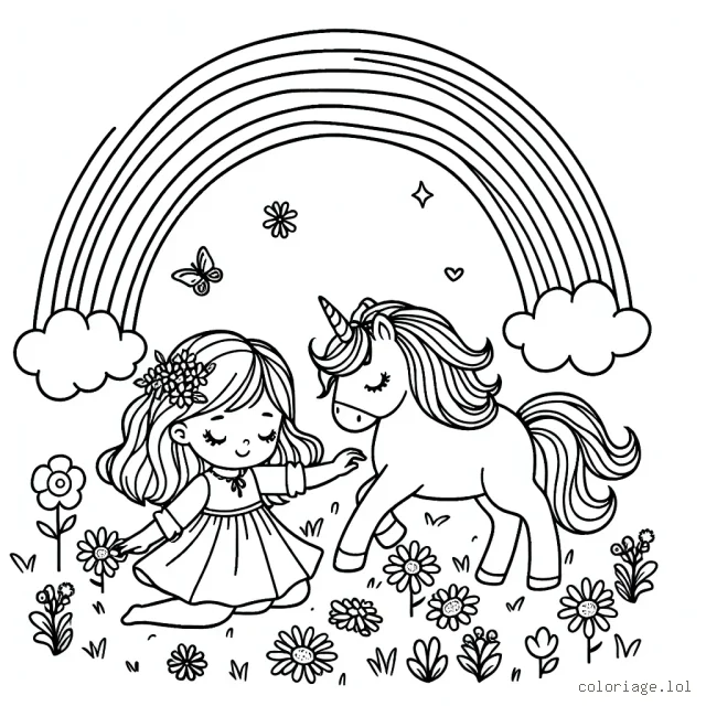 Une petite fille joue avec sa licorne magique dans un champ de fleurs sous un arc-en-ciel lumineux.