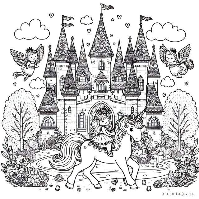 Un magnifique château féerique entouré d'animaux magiques, avec au centre une petite princesse chevauchant une licorne ailée.