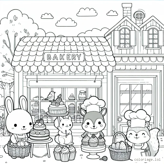Imagine une scène jubilatoire devant une pâtisserie d'une petite ville où de petits animaux sont les pâtissiers. Des lapins créent des gâteaux, des écureuils décorent les cupcakes et des oiseaux préparent du pain, ceux-ci habillés comme de véritables professionnels avec la toque de chef sur la tête.
