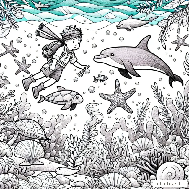 Un jeune explorateur fait un voyage fantastique sous l'océan, nageant à côté d'une variété de créatures marines comme les dauphins, les tortues de mer et les poissons aux couleurs vives. Il arrive à un récif corallien éblouissant plein d'étoiles de mer, d'algues dansantes et de coquillages étincelants