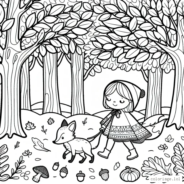 Un doux paysage d'automne. Une petite fille vêtue d'une cape automnale se promène joyeusement avec son animal de compagnie, un renard curieux, dans une forêt d'arbres aux feuilles tombantes de différentes couleurs. Des glands, des pommes de pin et des champignons peuplent le sol forestier.