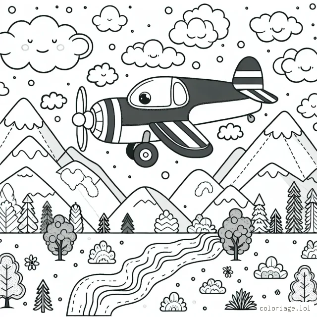 Un amusant avion à hélice volant au-dessus des nuages, avec un paysage diversifié en arrière-plan - des montagnes, des forêts et des rivières.