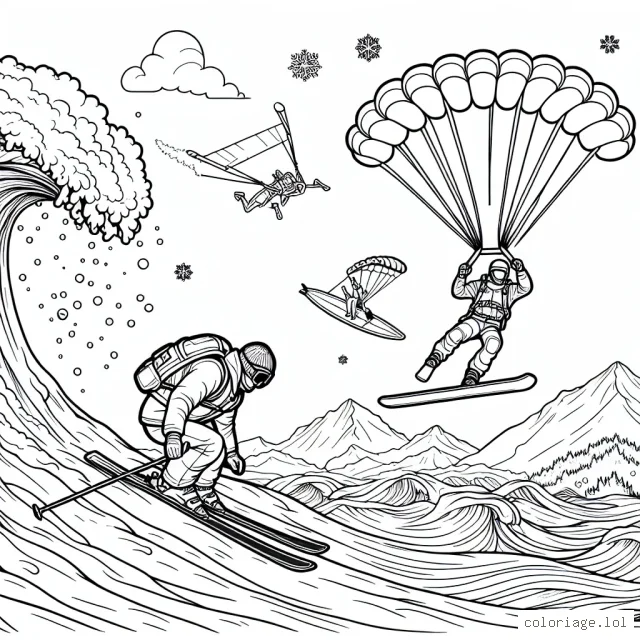 Un skieur est en train de descendre une haute montagne enneigée à grande vitesse. Un parachutiste est dans le ciel, prêt à atterrir sur la cible à côté du skieur. Par ailleurs, un surfeur est en train de maîtriser une grosse vague dans l'océan à proximité.