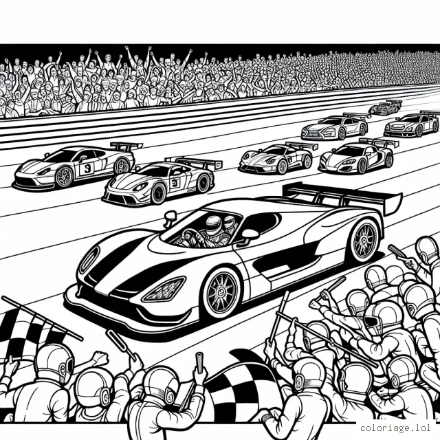 Dessine une scène de course de voitures populaire avec des voitures de sport rapides, des conducteurs aventureux et beaucoup de spectateurs.