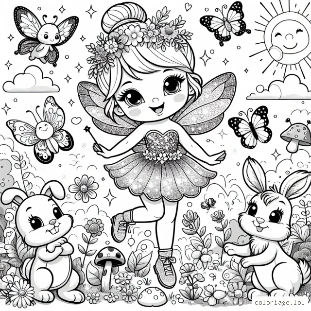 Imagine une jolie petite fée qui danse joyeusement dans une clairière enchantée avec ses amis animaux. Le dessin inclut la fée qui porte une robe éblouissante, des ailes scintillantes et une baguette magique. Les animaux sont un lapin, un écureuil, un oiseau et une coccinelle, tous avec des visages heureux. De plus, il y a des fleurs luxuriantes, des champignons, des papillons, quelques nuages, le soleil souriant et un arc-en-ciel aux couleurs vives dans l'arrière-plan.