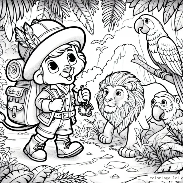 L'explorateur courageux traverse la jungle épaisse et mystérieuse, avec son sac à dos rempli d'accessoires d'aventure et une boussole à la main. Il rencontre en chemin un lion majestueux, un perroquet vibrant et un singe malicieux. Ils sont ses nouveaux amis lors de cette grande aventure. Dessinez et mettez en couleur cette scène emballante.