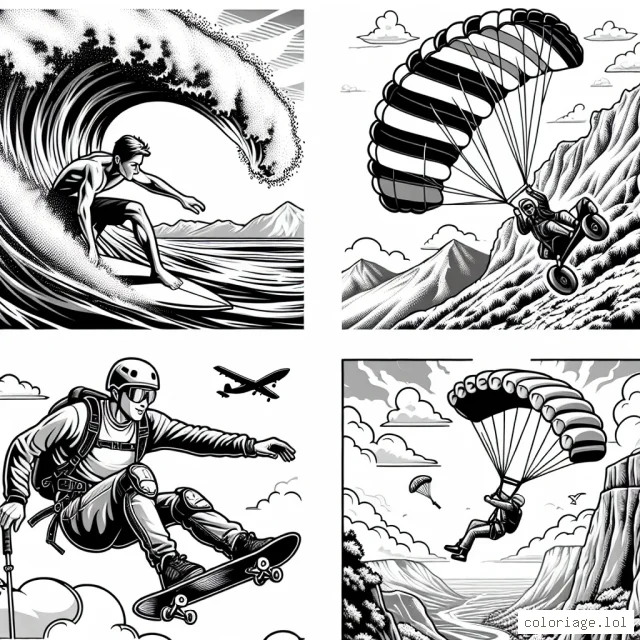 Dessine un surfeur chevauchant une énorme vague, un skateur effectuant une figure acrobatique en plein air, un alpiniste gravissant une montagne escarpée et un parachutiste sautant dans le ciel bleu. Ajoute des détails sur les équipements pour plus de réalisme.