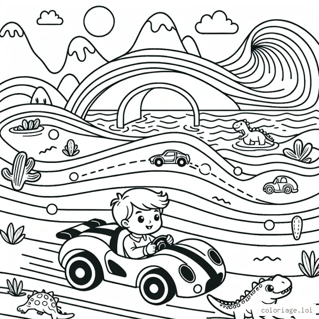Un petit garçon courageux au volant de sa voiture de sport miniature parcourant une piste déformée remplie de dangers et de surprises. Il se dirige rapidement parmi des tunnels, des montagnes, des lacs et même parmi les dinosaures.