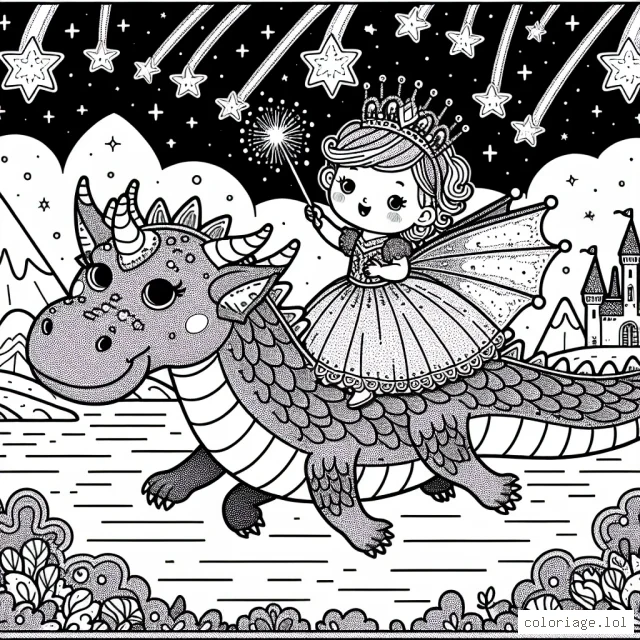Il s'agit d'une scène fantastique où une petite fille courageuse chevauche un dragon aux écailles brillantes à travers le ciel étoilé. Elle porte une robe de princesse chatoyante et une couronne étincelante, et semble diriger le dragon avec sa baguette magique. Autour d'eux, des étoiles filantes traversent la nuit, tandis que sur terre, un paysage de montagnes lointaines et d'un château féerique s'étend.